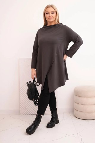 Bluzka damska bawełniana Plus Size asymetryczna z podwijanym rękawem grafitowa