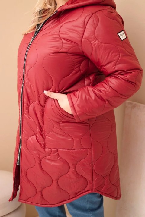 Kurtka damska Plus Size zimowa pikowana z kapturem bordowa