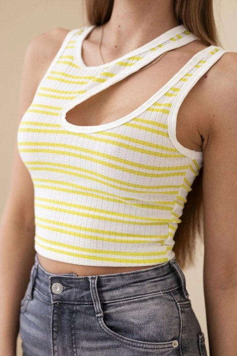 Top damski prążkowany bez rękawów w paski z wycięciem zielona