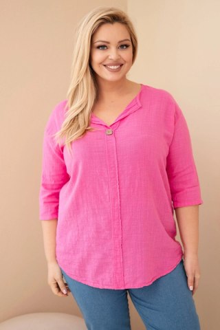 Bluzka damska bawełniana Plus Size z dekoltem na guziki różowa