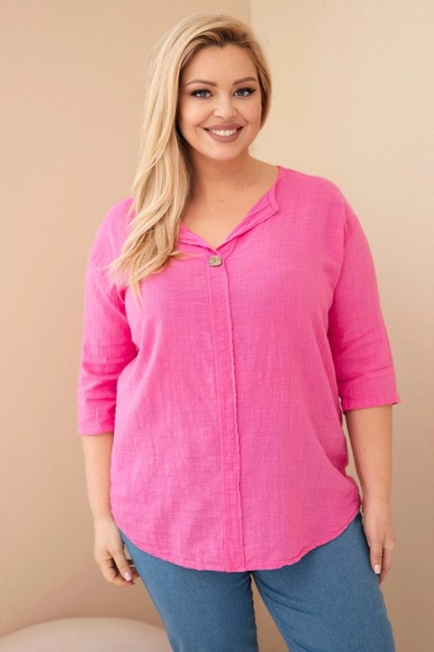Bluzka damska bawełniana Plus Size z dekoltem na guziki różowa