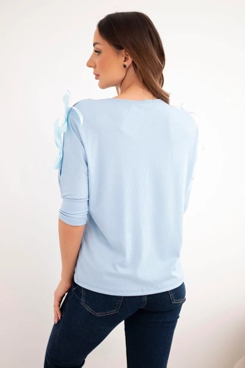 Bluzka damska wiskozowa z ozdobnymi wstążkami niebieska