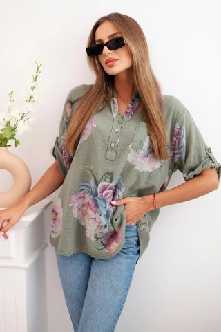 Bluzka damska z bawełny z kwiatowym wzorem khaki