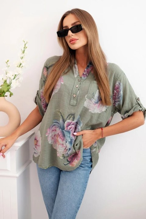 Bluzka damska z bawełny z kwiatowym wzorem khaki