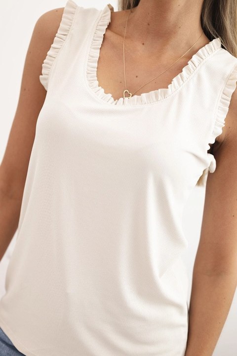 Bluzka damska z wiskozy z falbanką przy dekolcie jasno beżowa