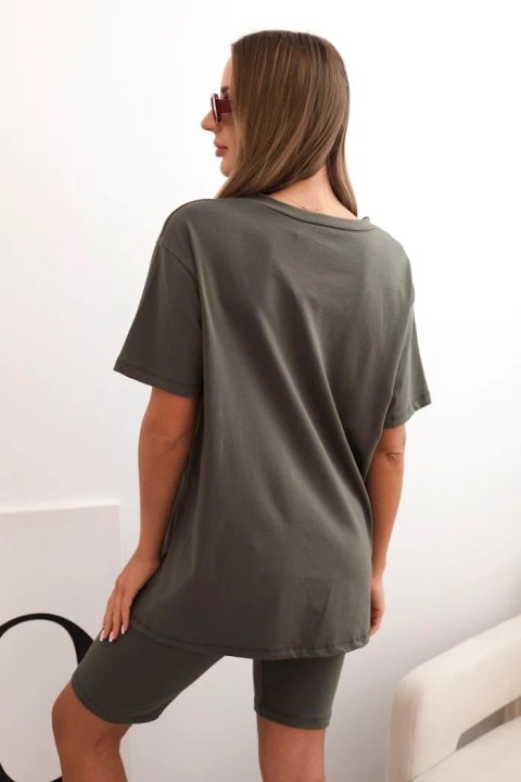 Komplet damski bawełniany z krótkim rękawem i szortami khaki