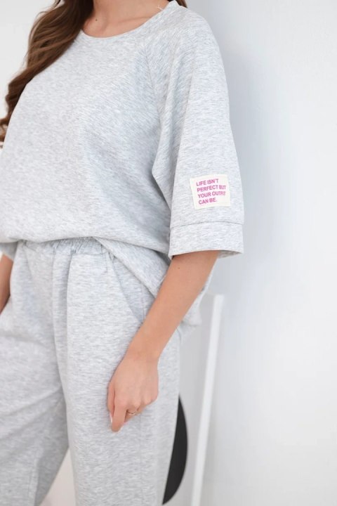 Komplet damski masełkowy z wiskozy bluza i szerokie spodnie szary melanż
