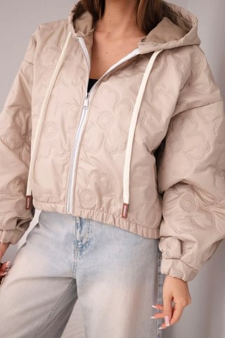 Kurtka damska pikowana z kapturem i ozdobnym tłoczeniem kwiatowym ciemno beżowa