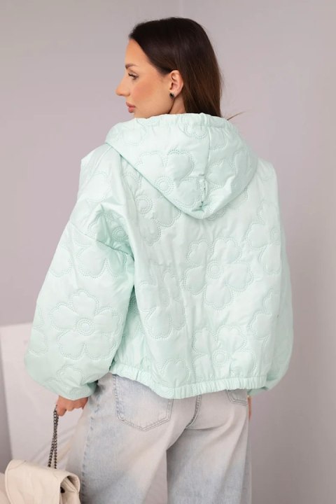 Kurtka damska pikowana z kapturem i ozdobnym tłoczeniem kwiatowym miętowa