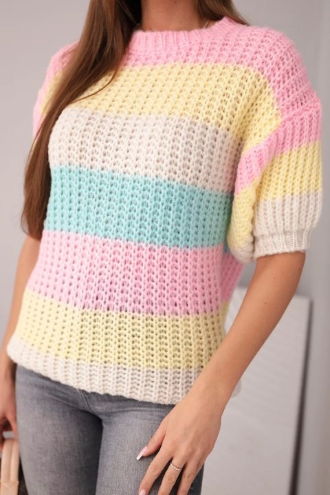 Sweter damski ażurowy w kolorowe pasy z krótkim rękawem jasno różowy
