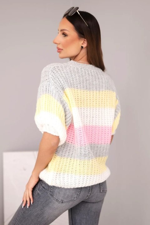 Sweter damski ażurowy w kolorowe pasy z krótkim rękawem szary