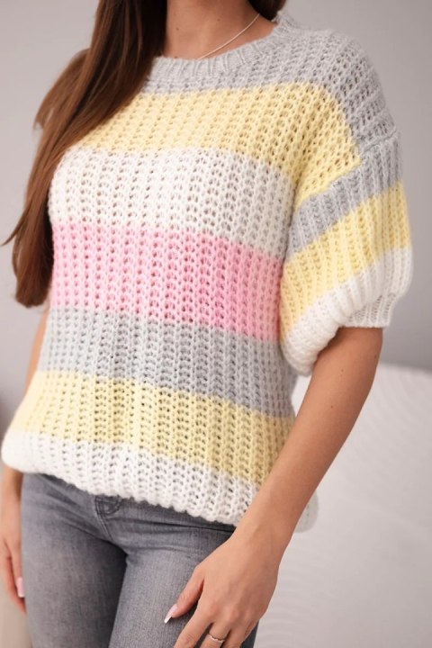 Sweter damski ażurowy w kolorowe pasy z krótkim rękawem szary