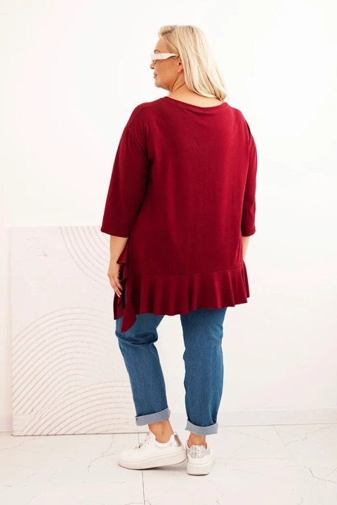 Bluzka damska Plus Size z bawełną z falbaną i rękawem podwijanym bordowa
