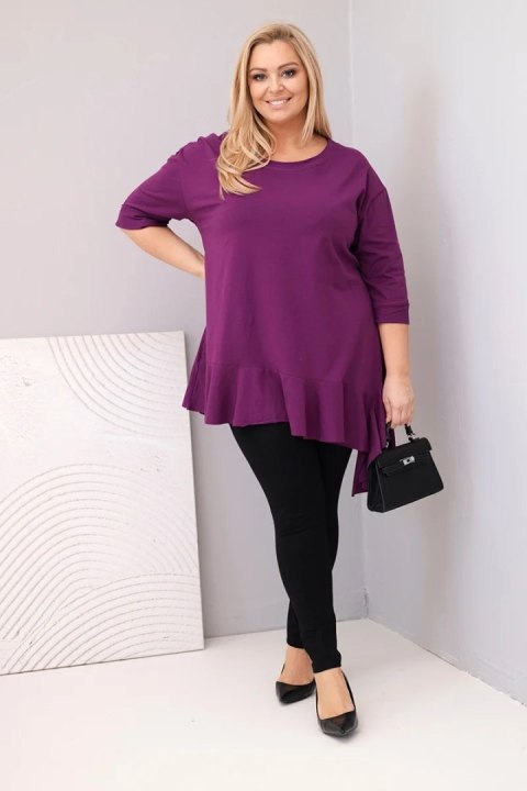 Bluzka damska Plus Size z bawełną z falbaną i rękawem podwijanym ciemno fioletowa