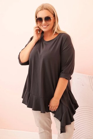 Bluzka damska Plus Size z bawełną z falbaną i rękawem podwijanym grafitowa