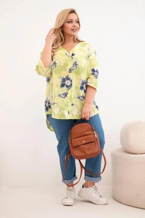 Bluzka damska bawełniana Plus Size w kwiatowy wzór jasno zielona