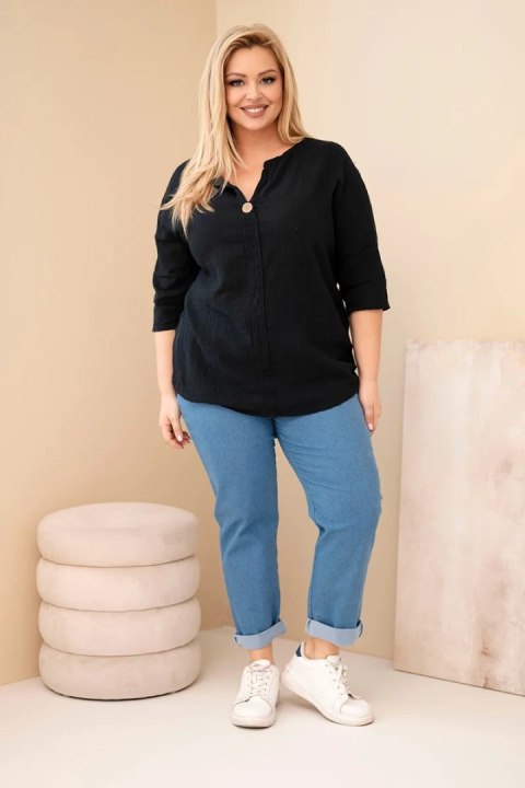 Bluzka damska bawełniana Plus Size z dekoltem na guziki czarna