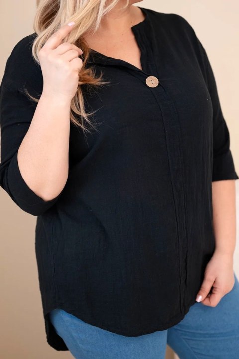 Bluzka damska bawełniana Plus Size z dekoltem na guziki czarna