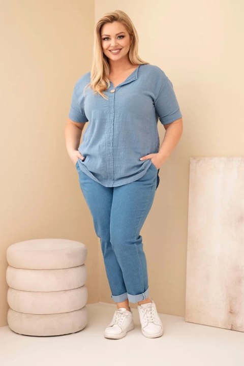 Bluzka damska bawełniana Plus Size z dekoltem na guziki jeansowa