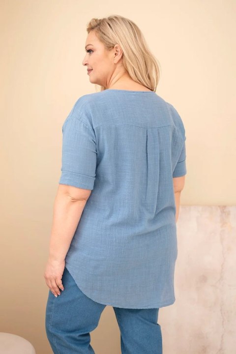 Bluzka damska bawełniana Plus Size z dekoltem na guziki jeansowa