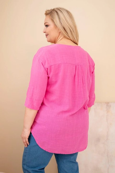 Bluzka damska bawełniana Plus Size z dekoltem na guziki różowa