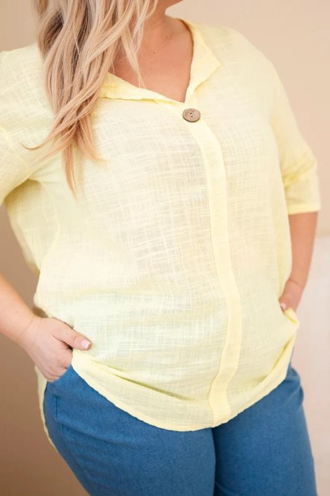 Bluzka damska bawełniana Plus Size z dekoltem na guziki żółta
