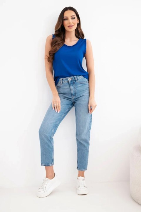 Bluzka damska z wiskozy z falbanką przy dekolcie chabrowa