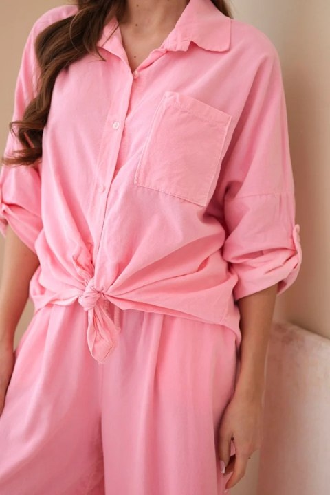 Komplet damski bawełniany z wiązaną koszulą i szeroką nogawką jasno różowy