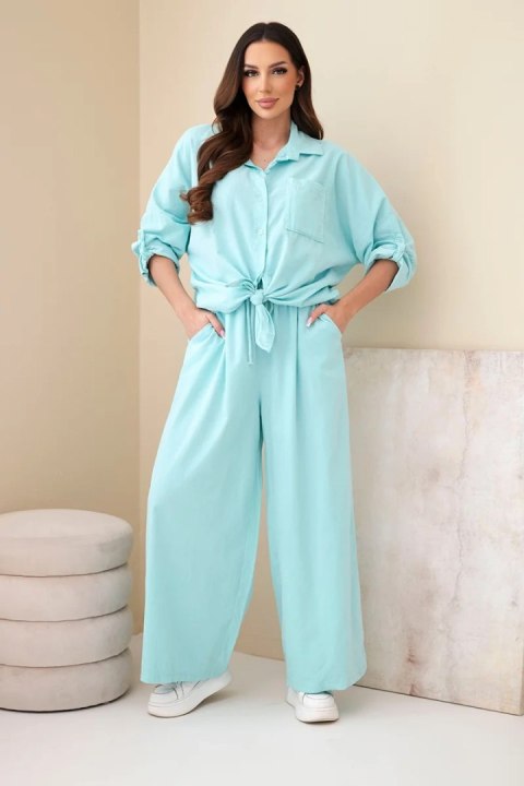 Komplet damski bawełniany z wiązaną koszulą i szeroką nogawką miętowy