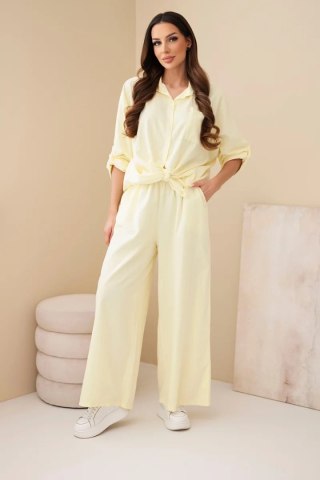 Komplet damski bawełniany z wiązaną koszulą i szeroką nogawką żółty