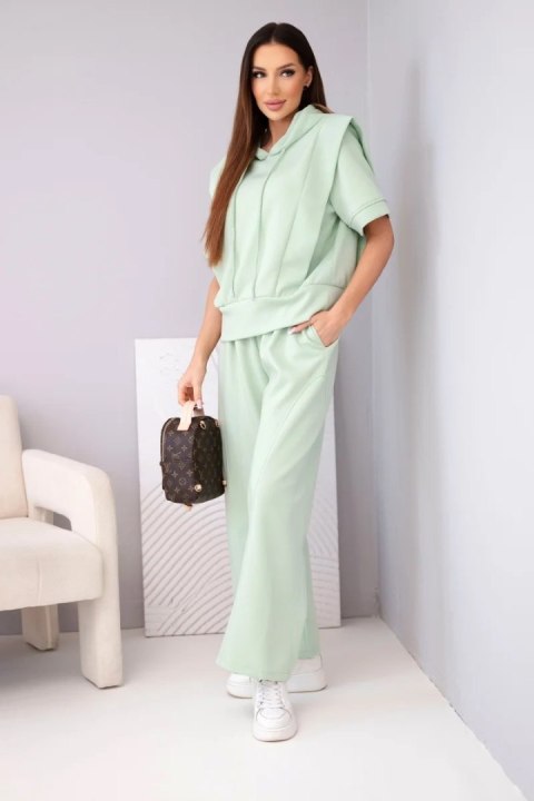 Komplet damski masełkowy bluza z kapturem i luźne spodnie z wiązaniem ciemny miętowy