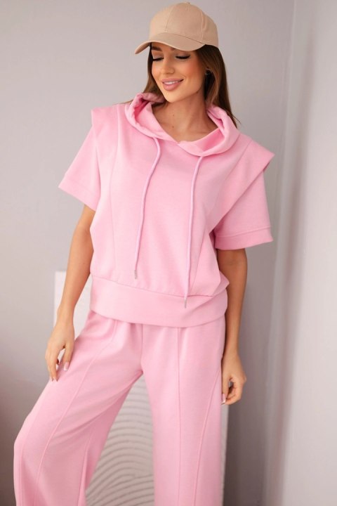 Komplet damski masełkowy bluza z kapturem i luźne spodnie z wiązaniem cukierkowy róż