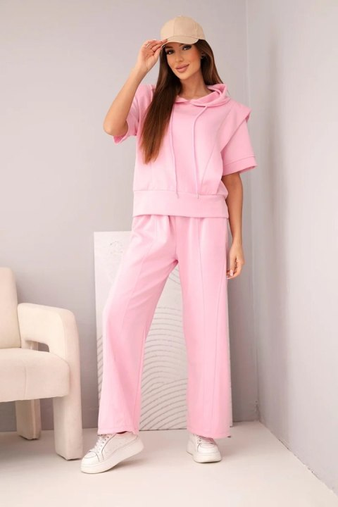 Komplet damski masełkowy bluza z kapturem i luźne spodnie z wiązaniem cukierkowy róż