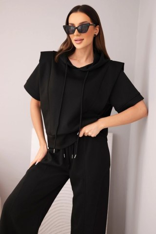 Komplet damski masełkowy bluza z kapturem i luźne spodnie z wiązaniem czarny