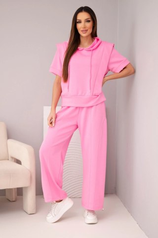 Komplet damski masełkowy bluza z kapturem i luźne spodnie z wiązaniem jasny różowy