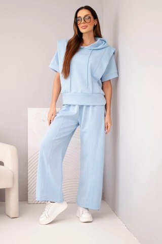 Komplet damski masełkowy bluza z kapturem i luźne spodnie z wiązaniem niebieski