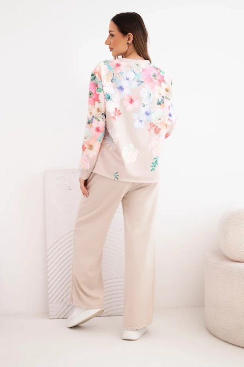 Komplet damski masełkowy wiskozowy w kwiaty z szeroką nogawką beżowy