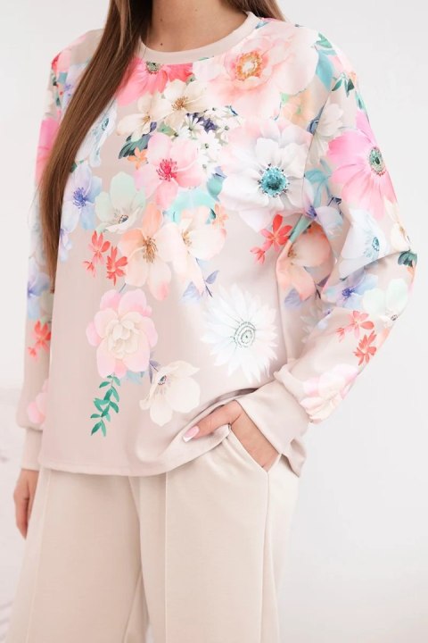 Komplet damski masełkowy wiskozowy w kwiaty z szeroką nogawką beżowy