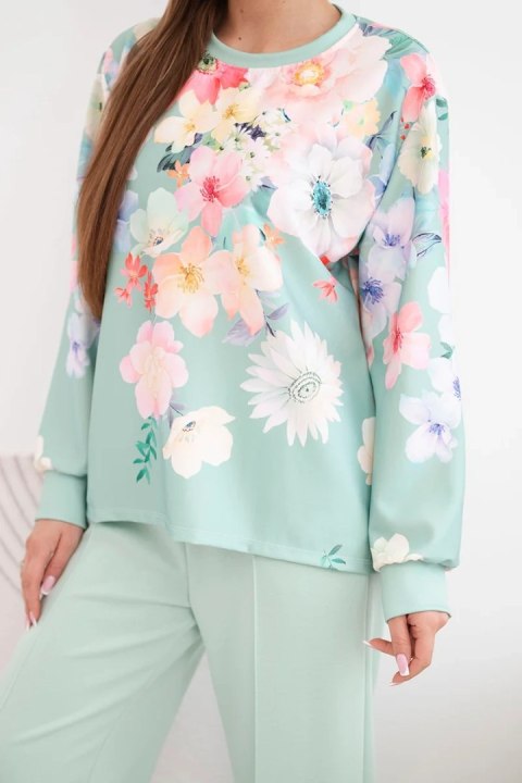 Komplet damski masełkowy wiskozowy w kwiaty z szeroką nogawką ciemno miętowy