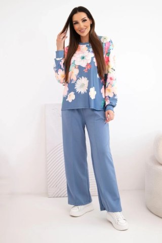 Komplet damski masełkowy wiskozowy w kwiaty z szeroką nogawką jeansowy