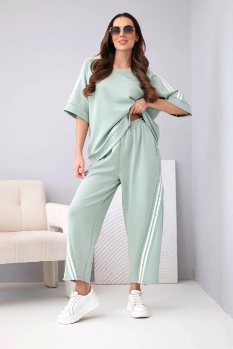 Komplet damski masełkowy z wiskozy bluza i spodnie z lampasami ciemno miętowy