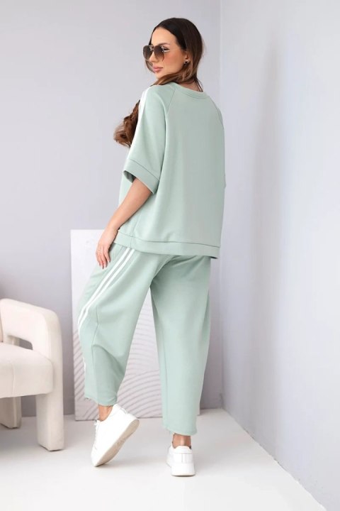 Komplet damski masełkowy z wiskozy bluza i spodnie z lampasami ciemno miętowy