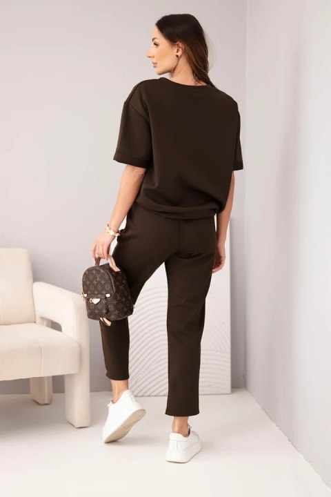 Komplet damski wiskozowy masełko z krótkim rękawem i spodniami z podwijaną nogawką brązowy