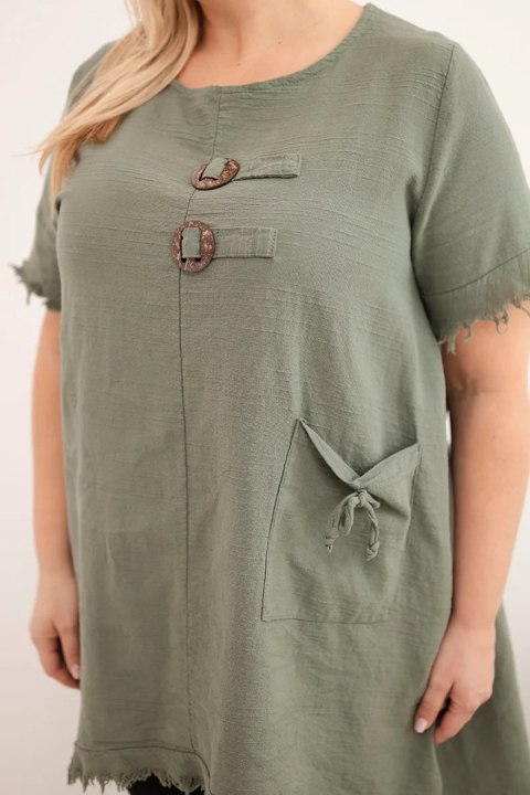 Sukienka damska bawełniana Plus Size z dłuższym tyłem i kieszenią khaki
