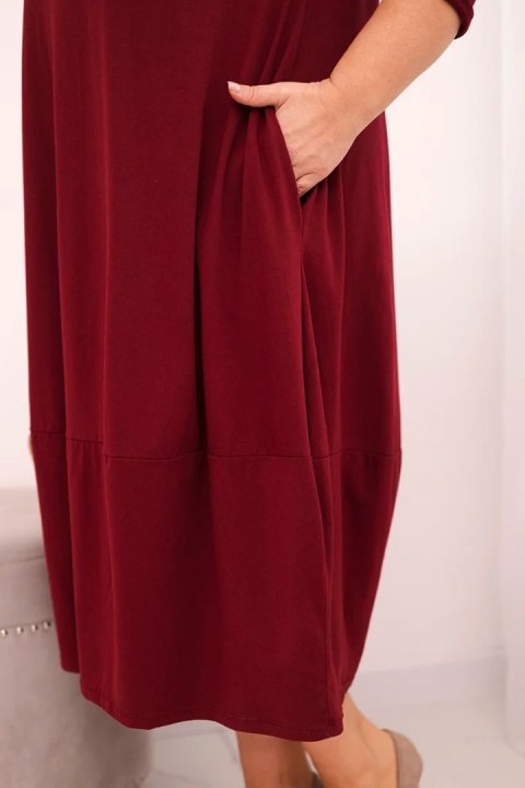 Sukienka damska bawełniana Plus Size z podwijanym rękawem i kieszeniami bordowa
