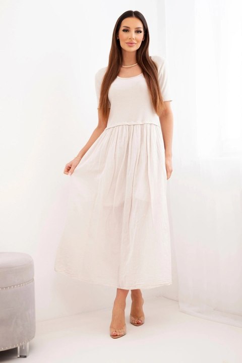 Sukienka damska bawełniana midi z krótkim rękawem i rozkloszowanym dołem beżowa