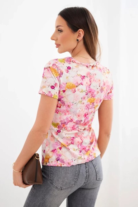 Bluzka damska wiskozowa prążkowana z kwiatowym nadrukiem jasno różowa