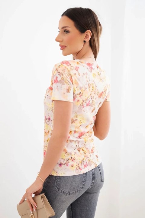 Bluzka damska wiskozowa prążkowana z kwiatowym nadrukiem żółta