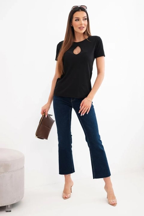 Bluzka damska wiskozowa prążkowana z ozdobnym wycięciem przy dekolcie czarna