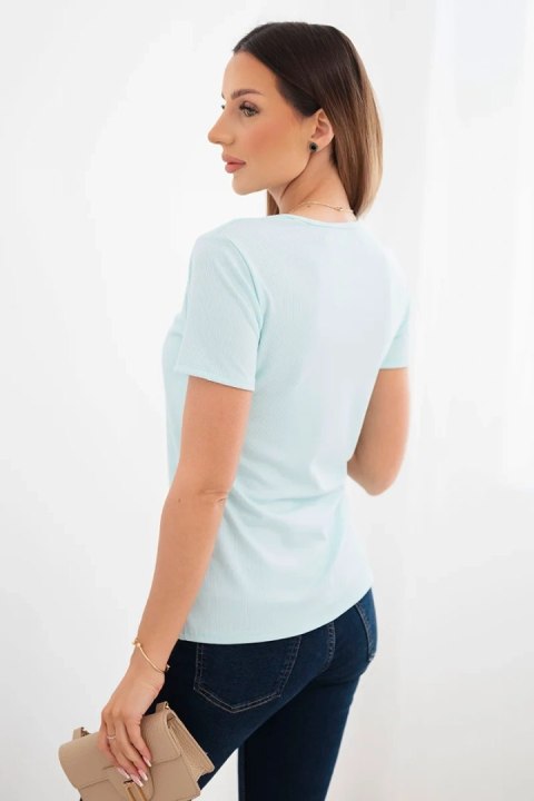 Bluzka damska wiskozowa prążkowana z ozdobnym wycięciem przy dekolcie miętowa